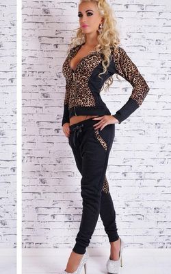 F2452-1 BLACK HOODED LEOPARD ZIPPER TOP WITH DRAWSTRING PANT